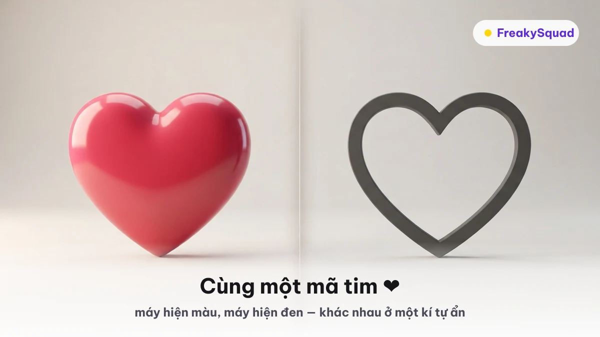 Kí tự đặc biệt trái tim màu và trái tim đen khác nhau ở kí tự ẩn phía sau